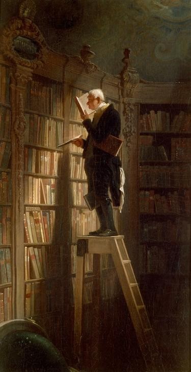 Carl Spitzweg, Der Bücherwurm (Bibliothek,Buch,Deutsche Kunst,Gelehrter,Bibliothekar,Kunst,Leser,Literatur,Mann,Biedermeier,Portrait,Leiter,Lesen (Allgemein),Interieur,Genre,Bücherwurm,Balanceakt,Alter Mann,Bücherregal,Bibliophilie,Im Stehen Lesen,Bibliotheksleiter)