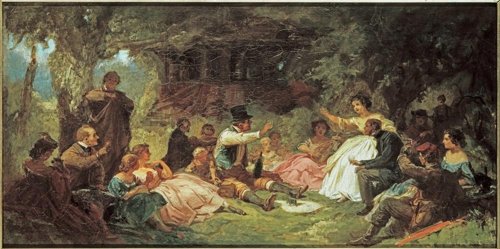Carl Spitzweg, Das Picknick (Ausflug,Deutsche Kunst,Fahrendes Volk,Gesellschaft,Herrenmode,Laute,Mode,Musik,Picknick,Freizeit,Schauspieler,Theater,Instrument,Biedermeier,Gamaschen,Wanderbühne,Im Freien (Allgemein),Zutrinken,Musikant,Geselliges Beisammensein,Fröhlichkeit,Musikantin)