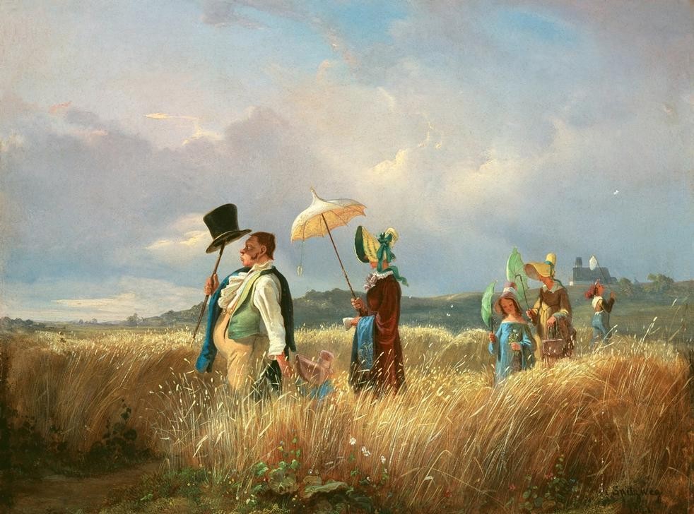 Carl Spitzweg, Der Sonntagsspaziergang (Deutsche Kunst,Familie,Hundstage,Freizeit,Sommer,Spaziergang,Sonntag,Biedermeier,Sonnenschirm,Familienleben,Spiessbürger,Hitze,Getreidefeld)