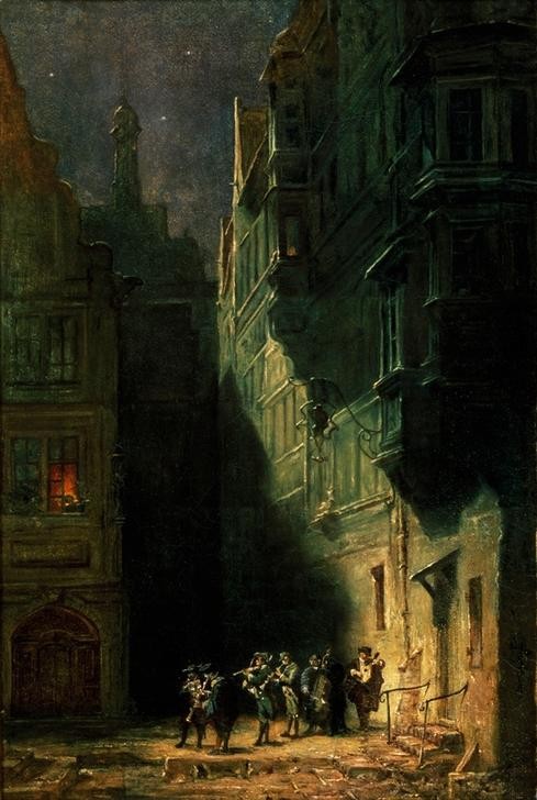 Carl Spitzweg, Die Serenade (Deutsche Kunst,Konzert,Licht Und Beleuchtung,Musik,Orchester,Ständchen,Strassenszene,Szene,Nacht,Biedermeier,Kleinstadt,Im Freien (Allgemein),Serenade (Musik),Pflasterstein,Musikant,Dunkelheit)