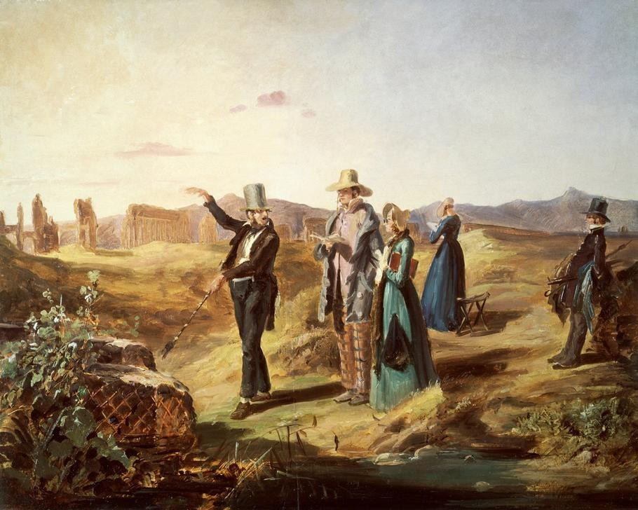 Carl Spitzweg, Engländer in der Campagna (Damenmode,Deutsche Kunst,Herrenmode,Kunst,Landschaft,Mode,Pädagogik,Ruine,Volkskunde,Biedermeier,Tourist,Reise,Bürgertum,Tourismus,Fremdenführer,Reisekleidung,Engländer Im Ausland,Italienreise,Touristin,Reiseleiter,Bildungsreise,Land Und Leute,Bildung)