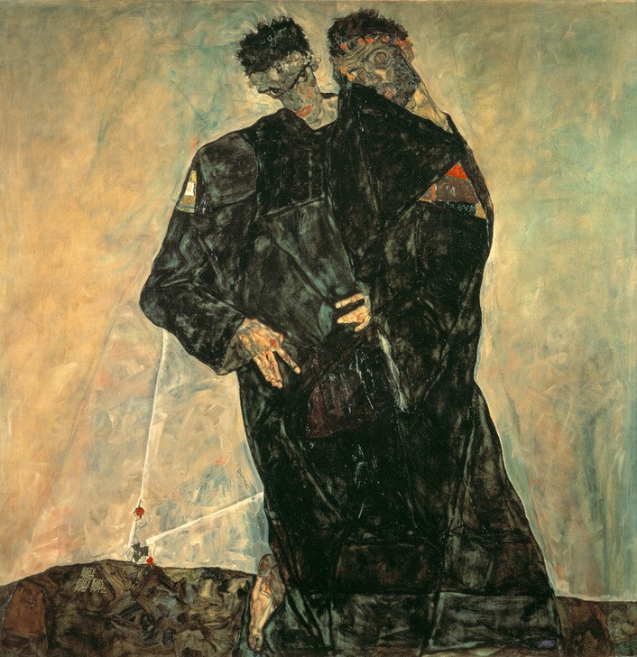 Egon Schiele, Die Eremiten (Freundschaft (Allgemein),Jugendstil,Künstler,Mann,Selbstbildnis,Portrait,Expressionismus,Eremit,Österreichische Kunst,Kleidung (Allgemein),Aussenseiter)