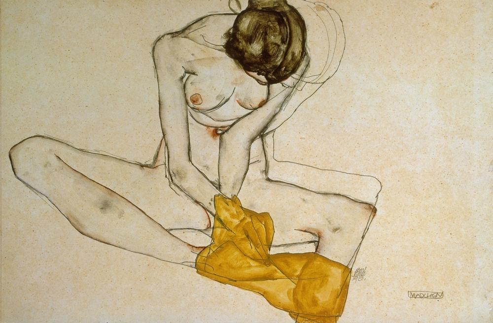 Egon Schiele, Mädchen (Frau,Akt,Expressionismus,Österreichische Kunst,Erotische Kunst,Sitzen)