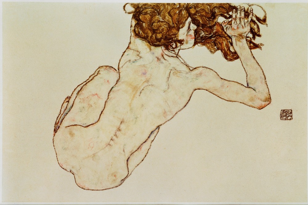 Egon Schiele, Kauernder Rückenakt (Frau,Kunst,Akt,Po (Gesäss),Expressionismus,Rückenakt,Österreichische Kunst,Erotische Kunst,Langes Haar,Liegen,Privatsammlung)