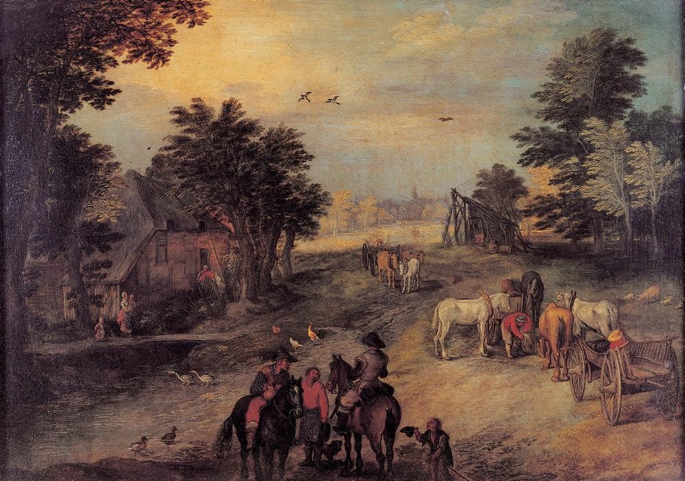 Jan BRUEGHEL DER Jüngere, Landschaft mit Reitern und Fuhrwerken (Bauernhaus,Flämische Kunst,Kunst,Landschaft,Transport,Verkehr,Hütte,Reiter,Barock,Niederländische Kunst,Bettler,Reiten,Fuhrwerk)