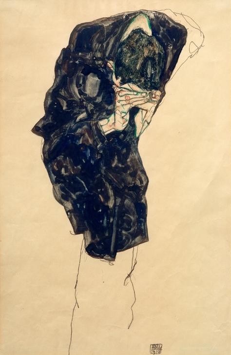 Egon Schiele, Herabgebeugter Mann (Otto Benesch) (Kunst,Mann,Mensch,Psychologie,Trauer,Portrait,Depression,Melancholie,Gestik,Expressionismus,Weinen,Schmerz,Österreichische Kunst,Verzweiflung,Kniestück,Zusammenbruch,Geistes- Und Gemütskrankheiten,Negative Stimmungen Und Gefühle)