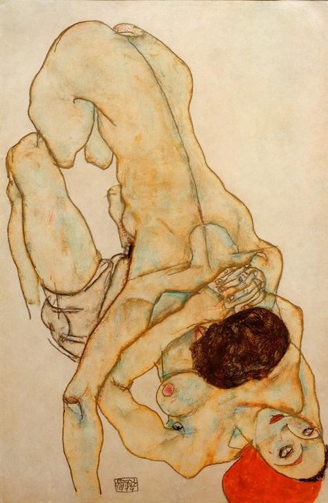 Egon Schiele, Lesbisches Paar (Erotik,Frau,Kunst,Pornographie,Lesbische Liebe,Homosexualität,Akt,Kuss,Expressionismus,Umarmung,Österreichische Kunst,Erotische Kunst,Sexualität)