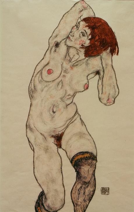 Egon Schiele, Frau mit schwarzen Socken (Frau,Kunst,Akt,Expressionismus,Österreichische Kunst,Damenstrumpf)