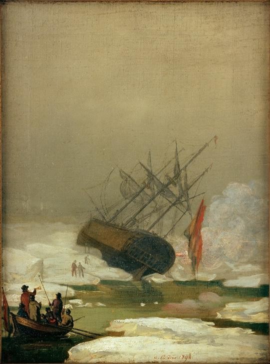 Caspar David Friedrich, Schiff im Eismeer (Deutsche Kunst,Eis (Kälte),Expedition,Nebelhorn,Ruderboot,Schiffbruch Und Unglück,Segelschiff,Meer,Eisscholle,Besatzung (Mannschaft),Schifffahrt)