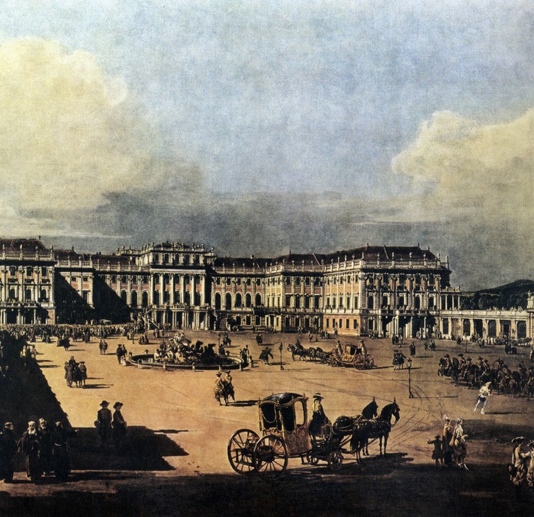 Bernardo Bellotto, Palace of Schonbrunn to Vienna (Schloss, Schönbrunn, Platz, Wien, Architektur, Gebäude, Alltagsszene, Kutschen, mittelalterliche Stadt,  historisch, Detail, Malerei, Wohnzimmer, Wunschgröße, Klassiker, bunt)