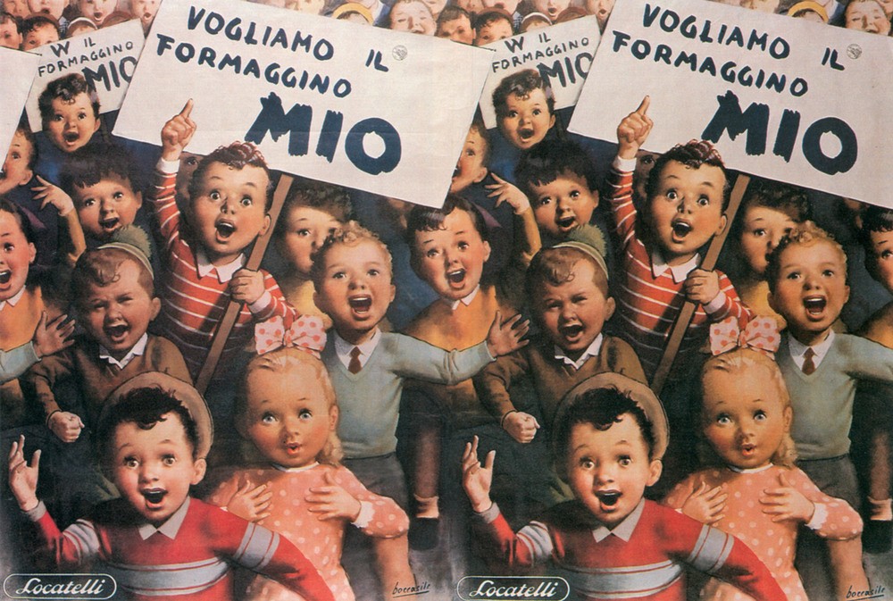 Gino Boccasile, Unbekannt (Demonstration, Kinder, Schilder, Käse, Mio, Werbung, Plakatkunst, Nostalgie, Wunschgröße, Esszimmer)