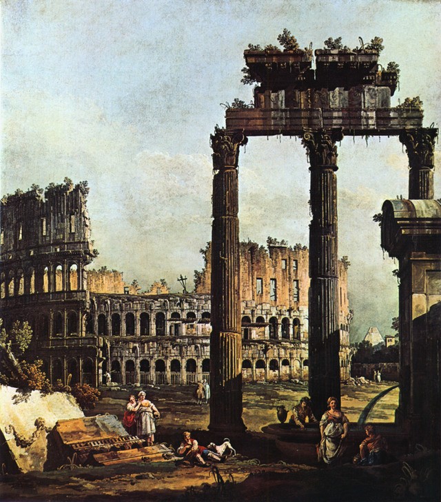 Bernardo Bellotto, roman Whim with the Colosseo  (Rom, Ruinen, Antike, Collosseum, Gebäude, Alltagsszene, Capriccio,  historisch, Malerei, Wohnzimmer, Wunschgröße, Klassiker, bunt)