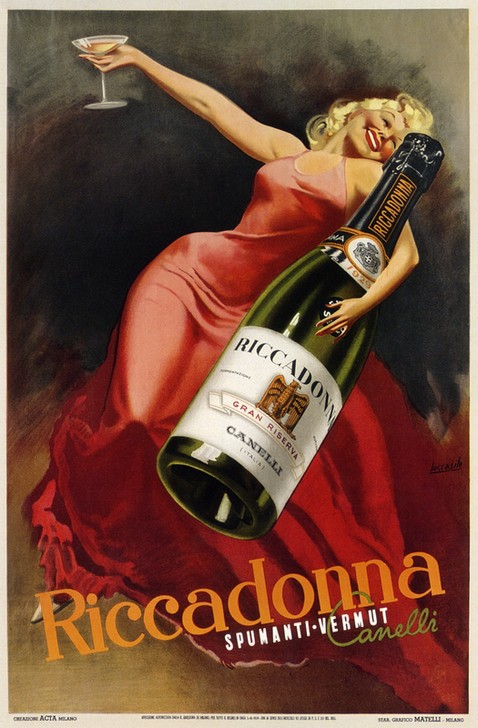 Gino Boccasile, Unbekannt (Plakat, Werbung, Getränk, Alkohol, Spumante, Sekt, Italien, Frau, Fröhlich, rotes Kleid, Blondine, Nostalgie, Esszimmer, Bar, Wunschgröße)