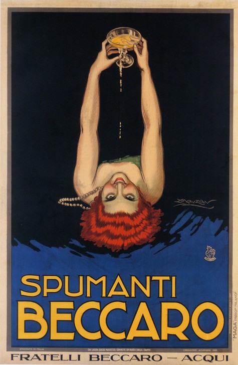Achille Mauzan, Unbekannt (Liegende Frau, Erotik, lasziv, Sekt, Plakat, Werbung, Italien, Nostalgie, Küche, Restaurant, Bar, Gastronomie, Wunschgröße)