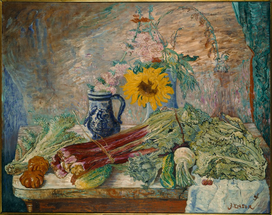 James Ensor, Fleurs et légumes (Botanik,Gemüse,Kunst,Rhabarber,Sonnenblume,Impressionismus,Stillleben,Kohl,Belgische Kunst,Rettich (Botanik),Blume)