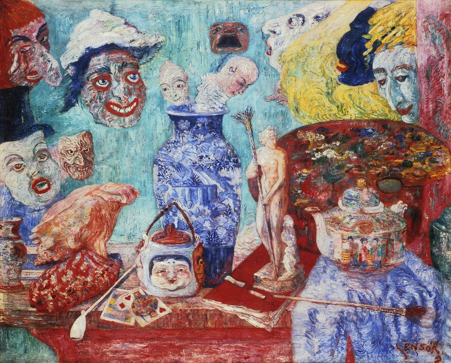 James Ensor, Stilleben mit Masken (Stillleben,Vase,Belgische Kunst,Teekanne,Chinavase,Maske (Gegenstand))