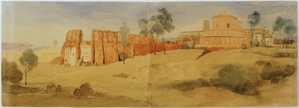 Johann Wilhelm Schirmer, Blick auf Santa Costanza (Architektur,Deutsche Kunst,Geographie,Kirche,Kunst,Landschaft,Mausoleum,Ruine,Düsseldorfer Malerschule,Architekturdarstellung,Ansicht,Aussenansicht,Romantik,Topographie,Rundbau,Sakralbau)