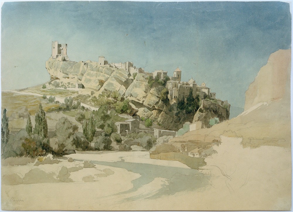 Johann Wilhelm Schirmer, Blick auf Vaison-la-Romaine (Architektur,Burg (Bauwerk),Burgruine,Deutsche Kunst,Dorf,Geographie,Kunst,Landschaft,Ruine,Stadt,Kleinstadt,Düsseldorfer Malerschule,Stadtansicht,Architekturdarstellung,Ansicht,Romantik,Berg,Topographie,Bergdorf)