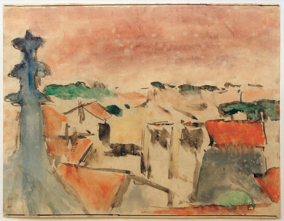 Helmuth Macke, Dorf unter violettem Himmel (Architektur,Bauernhaus,Bauernhof,Deutsche Kunst,Dorf,Haus,Kunst,Landschaft,Baum,Architekturdarstellung,Deutscher Künstlerbund,Ansicht,Landwirtschaft)