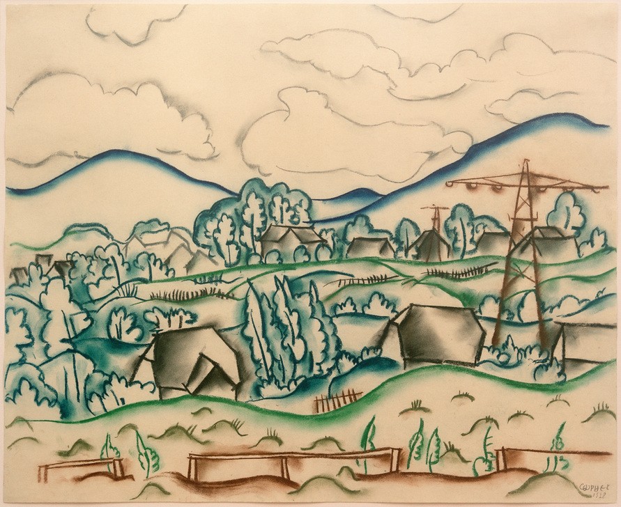 Walter Ophey, Im Sauerland, 1928 (Deutsche Kunst,Gebirge,Haus,Kunst,Landschaft,Technik,Expressionismus,Deutscher Künstlerbund,Telegraphenmast,Mittelgebirge,Signatur)