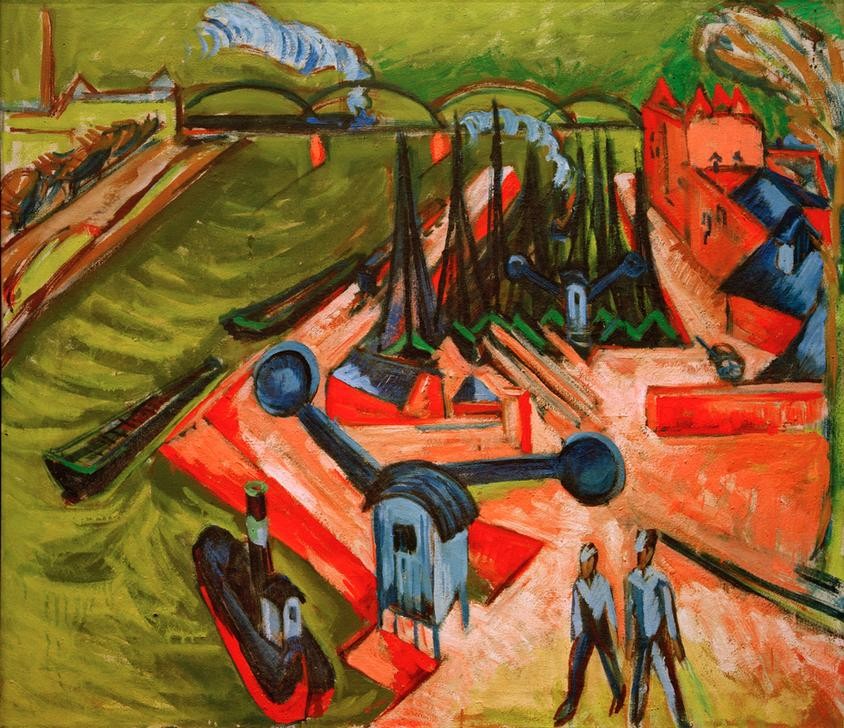 Ernst Ludwig Kirchner, Frankfurter Westhafen (Dampfer,Deutsche Kunst,Geographie,Hafen,Schiff,Fluss,Expressionismus,Die Brücke,Binnenschiffahrt,Flusschiffahrt,Topographie,Schifffahrt)
