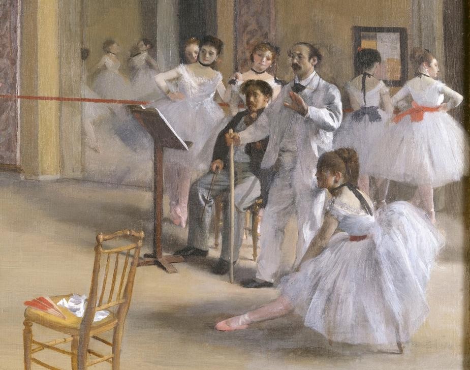 Edgar Degas, Le foyer de la danse à l’Opéra de la rue Le Peletier (Ballett,Ballettmeister,Musik,Tänzer,Tänzerin,Tanz,Theater,Impressionismus,Unterricht,Französische Kunst,Ballerina,Prüfung,Ausschnitt)