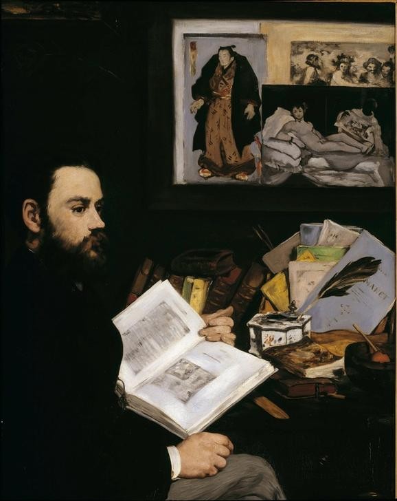Edouard Manet, Emile Zola (Buch,Leser,Literatur,Mann,Schreibtisch,Schriftsteller,Bild Im Bild,Portrait,Dichter Bei Der Arbeit,Paravent,Schreibfeder,Tintenfass,Französische Kunst,Japanmode,Person,Ausschnitt)