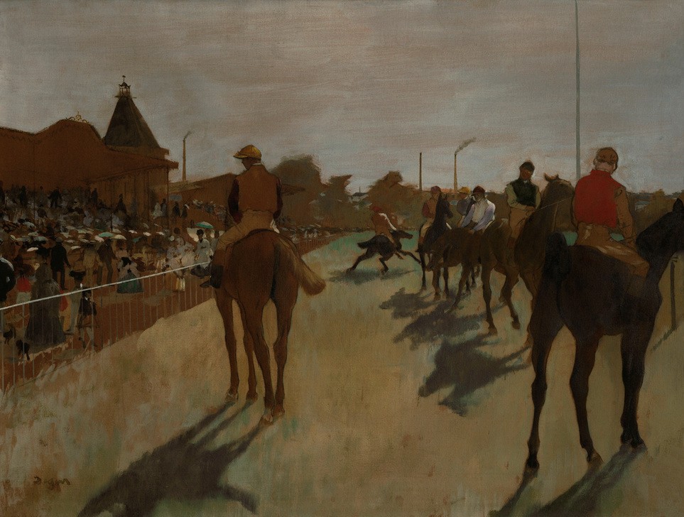 Edgar Degas, Le défilé, dit aussi Chevaux de course devant les tribunes (Gesellschaftliches Leben,Gesellschaft,Pferdesport,Pferd (Tier),Rennbahn,Sport,Impressionismus,Reiter,Jockey,Französische Kunst,Pferderennen,Zuschauen,Zuschauer,Reitpferd,Defilee,Tribüne (Konstruktion))
