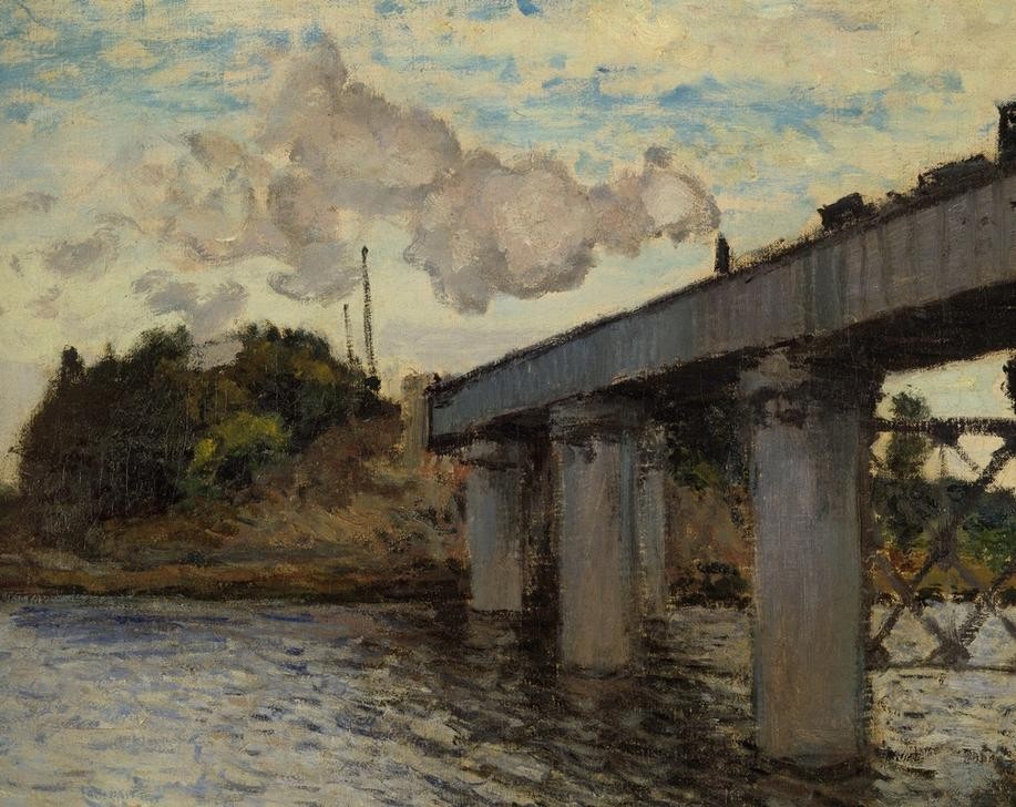 Claude Monet, Le Pont du chemin de fer à Argenteuil (Architektur,Brücke,Eisenbahnbrücke,Eisenbahn,Gewässer,Kunst,Landschaft,Transport,Impressionismus,Fluss,Französische Kunst,Dampflokomotive,Ausschnitt)