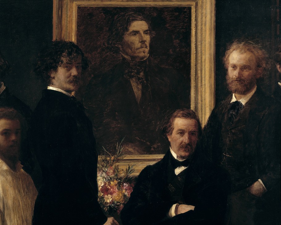 Henri Fantin-Latour, Hommage a Delacroix (Atelier,Dichterleben,Gruppenbild,Künstlerleben,Künstler,Kunst,Literatur,Maler (Künstler),Selbstbildnis,Bild Im Bild,Realismus,Portrait,Künstlervereinigung,Französische Kunst,Herrenrunde,Hommage,Ausschnitt)