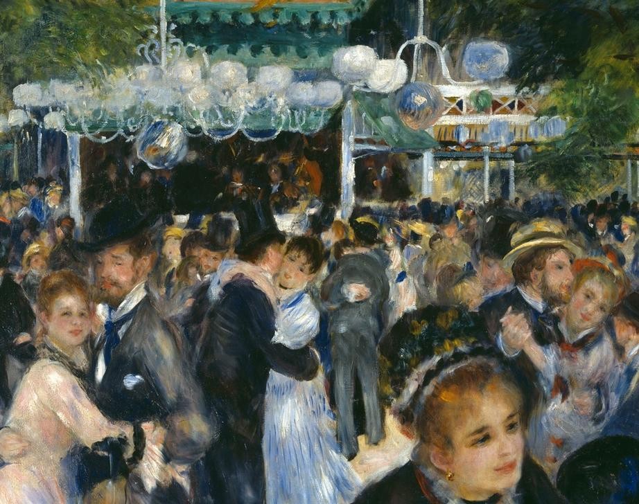 Pierre-Auguste Renoir, Le Moulin de la Galette (Ausflug,Damenmode,Gartenwirtschaft,Gastronomie,Herrenmode,Kunst,Licht Und Beleuchtung,Nachtleben,Freizeit,Tänzer,Tanz,Urlaub,Impressionismus,Hut,Tanzlokal,Lampe,Französische Kunst,Menschenmenge,Kleid,Kommunikation,Streifen,Stadtleben,Kreissäge (Hut),Aussc)