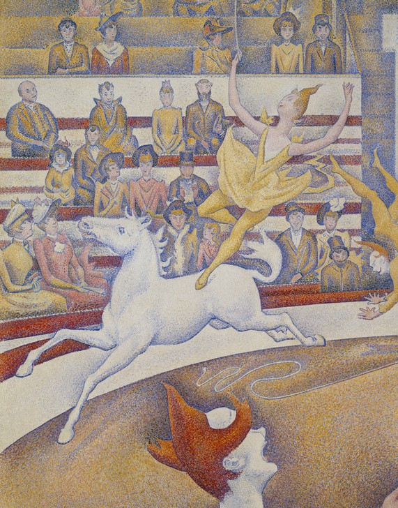 Georges Seurat, Le cirque (Fahrendes Volk,Frau,Mann,Pferd (Tier),Zirkus (Theater),Reiter,Pointillismus,Akrobat,Clown,Dressur,Französische Kunst,Publikum,Gleichgewicht,Manege,Zuschauen,Tier,Zuschauer,Reiten,Akrobatin,Zirkusreiterin,Zuhörer,Kunstreiterin,Salto,Ausschnitt)