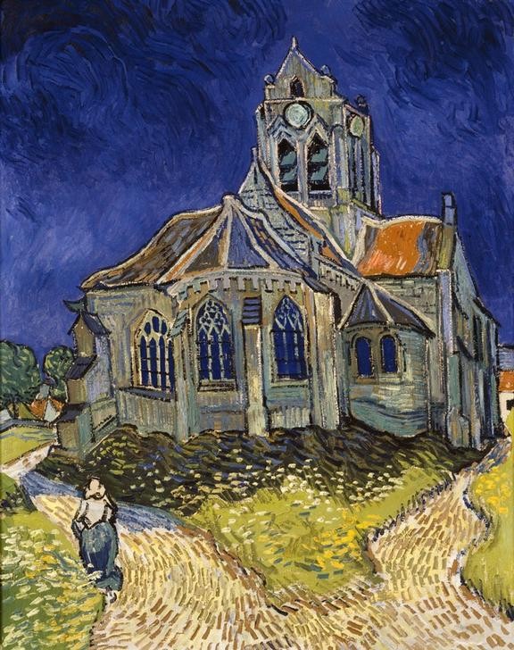 Vincent van Gogh, Die Kirche in Auverssur-Oise (Architektur,Dorf,Himmel (Natur),Kirche,Kunst,Turm,Impressionismus,Architekturdarstellung,Weg,Niederländische Kunst,Aussenansicht)