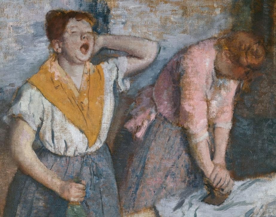 Edgar Degas, Repasseuses (Arbeit,Beruf,Frau,Hausarbeit,Kunst,Volkskunde,Impressionismus,Gähnen,Französische Kunst,Müdigkeit,Dienstmädchen,Bügeln,Frauenleben,Hauspersonal,Anstrengung,Büglerin,Land Und Leute,Alltag,Ausschnitt)