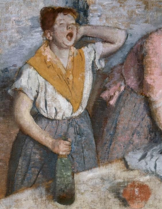 Edgar Degas, Repasseuses (Arbeit,Beruf,Frau,Hausarbeit,Kunst,Volkskunde,Impressionismus,Gähnen,Französische Kunst,Müdigkeit,Dienstmädchen,Bügeln,Frauenleben,Hauspersonal,Anstrengung,Büglerin,Land Und Leute,Alltag,Ausschnitt)