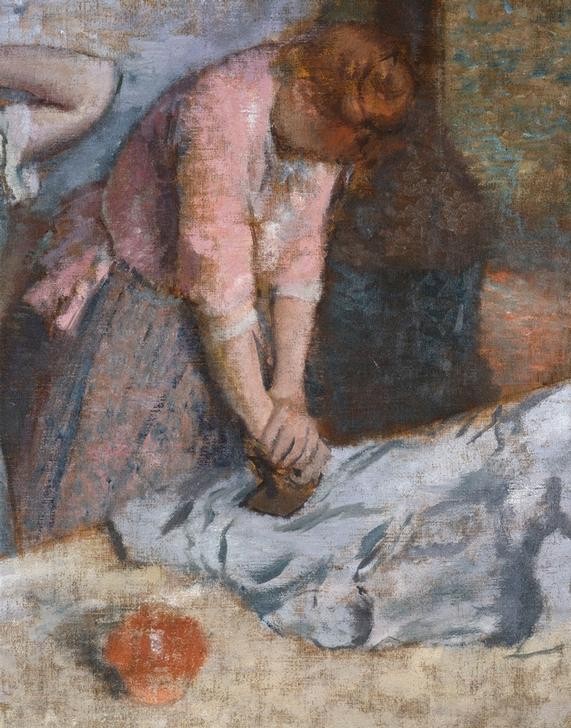 Edgar Degas, Repasseuses (Arbeit,Beruf,Frau,Hausarbeit,Kunst,Volkskunde,Impressionismus,Gähnen,Französische Kunst,Müdigkeit,Dienstmädchen,Bügeln,Frauenleben,Hauspersonal,Anstrengung,Büglerin,Land Und Leute,Alltag,Ausschnitt)