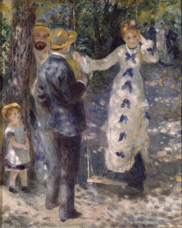 Pierre-Auguste Renoir, La balançoire (Ausflug,Damenmode,Familie,Garten Und Park,Herrenhut,Kind,Kunst,Maler (Künstler),Mode,Freizeit,Urlaub,Sonntag,Impressionismus,Bürgertum,Schaukel,Französische Kunst,Kleid,Paar,Kleidung (Allgemein),Einkindfamilie,Festkleidung)