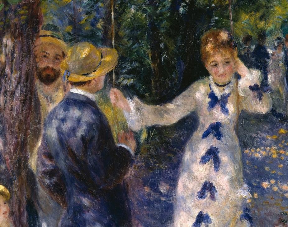 Pierre-Auguste Renoir, La balançoire (Ausflug,Damenmode,Familie,Garten Und Park,Herrenhut,Kind,Kunst,Maler (Künstler),Mode,Freizeit,Urlaub,Sonntag,Impressionismus,Bürgertum,Schaukel,Französische Kunst,Kleid,Paar,Kleidung (Allgemein),Einkindfamilie,Festkleidung,Ausschnitt)