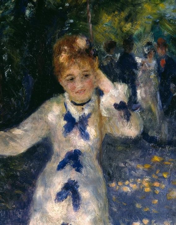 Pierre-Auguste Renoir, La balançoire (Ausflug,Damenmode,Familie,Frau,Garten Und Park,Herrenhut,Kind,Kunst,Maler (Künstler),Mode,Freizeit,Urlaub,Sonntag,Impressionismus,Bürgertum,Schaukel,Französische Kunst,Kleid,Paar,Kleidung (Allgemein),Einkindfamilie,Festkleidung,Ausschnitt)