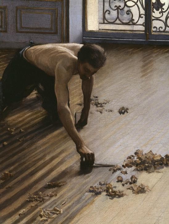 Gustave Caillebotte, Les Raboteurs de Parquet (Arbeiter,Impressionismus,Werkzeug,Realismus,Fussboden,Interieur,Flasche,Französische Kunst,Hammer,Parkett (Fussboden),Anstrengung,Holzfussboden,Handwerker,Parkettschleifer,Renovierung,Ausschnitt)