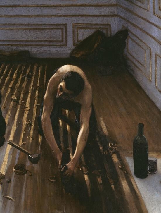 Gustave Caillebotte, Les Raboteurs de Parquet (Arbeiter,Impressionismus,Werkzeug,Realismus,Fussboden,Interieur,Flasche,Französische Kunst,Hammer,Parkett (Fussboden),Anstrengung,Holzfussboden,Handwerker,Parkettschleifer,Renovierung,Ausschnitt)