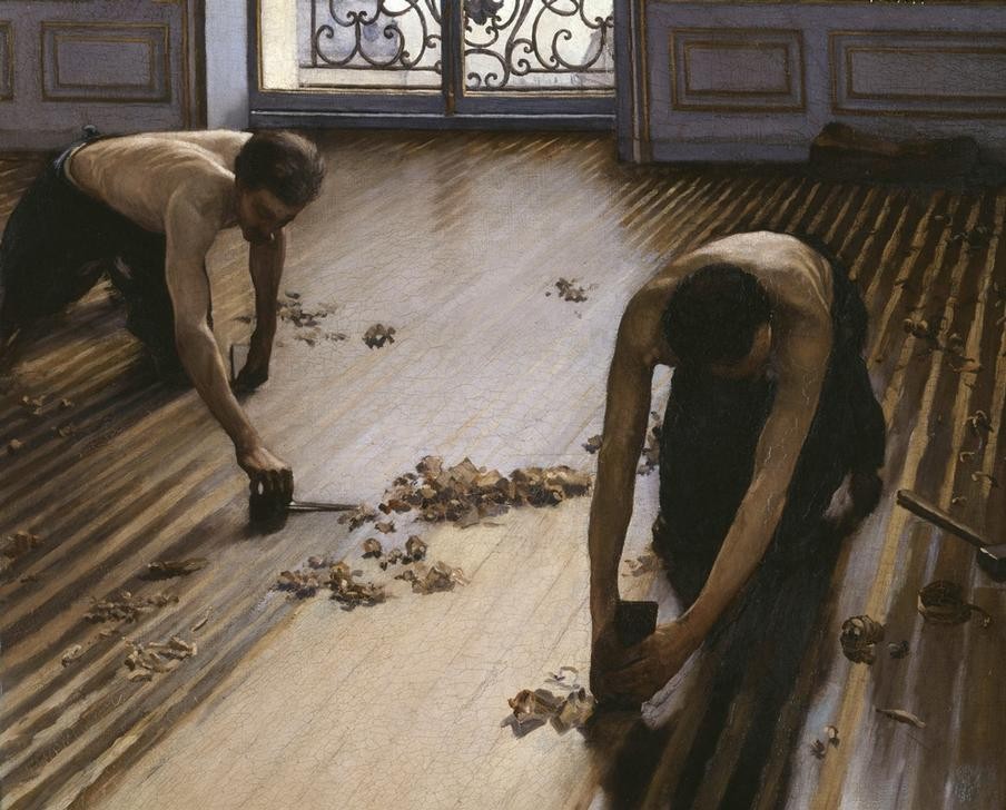 Gustave Caillebotte, Les Raboteurs de Parquet (Arbeiter,Impressionismus,Werkzeug,Realismus,Fussboden,Interieur,Flasche,Französische Kunst,Hammer,Parkett (Fussboden),Anstrengung,Holzfussboden,Handwerker,Parkettschleifer,Renovierung,Ausschnitt)