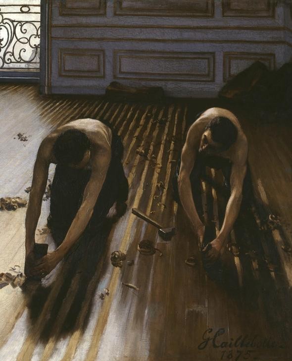 Gustave Caillebotte, Les Raboteurs de Parquet (Arbeiter,Impressionismus,Werkzeug,Realismus,Fussboden,Interieur,Flasche,Französische Kunst,Hammer,Parkett (Fussboden),Anstrengung,Holzfussboden,Handwerker,Parkettschleifer,Renovierung,Ausschnitt)
