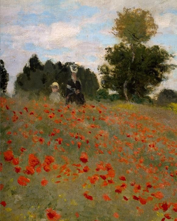 Claude Monet, Les Coquelicots à Argenteuil (Botanik,Frau,Kunst,Landschaft,Mutter Und Kind,Spaziergang,Wolke,Impressionismus,Mohn,Wiese,Sonnenschirm,Französische Kunst,Feld,Blume,Ausschnitt)