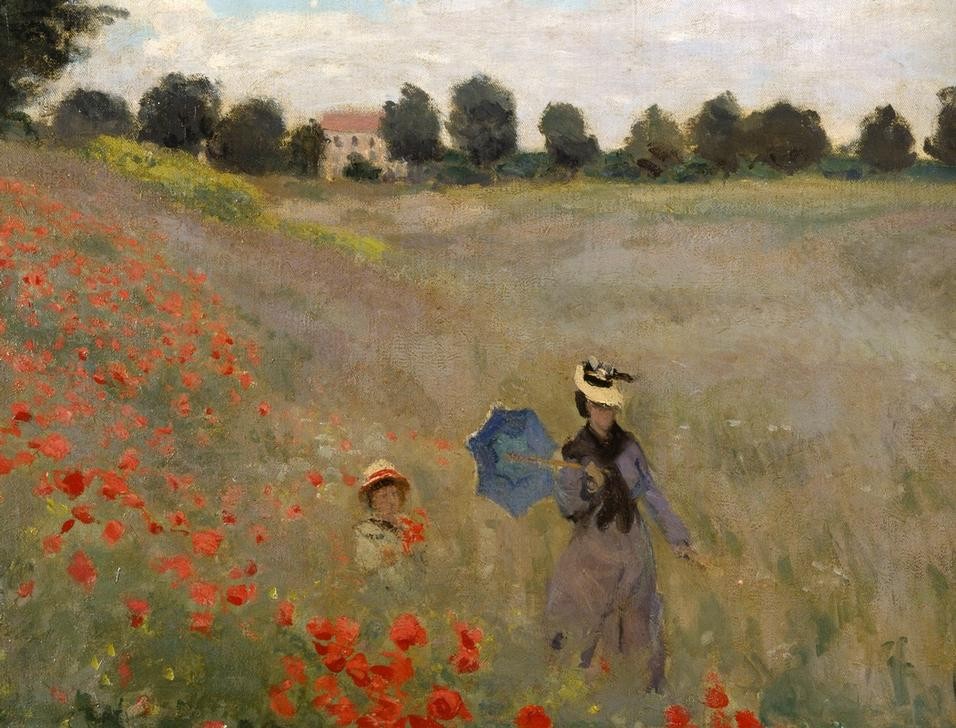Claude Monet, Les Coquelicots à Argenteuil (Botanik,Frau,Kunst,Landschaft,Mutter Und Kind,Spaziergang,Wolke,Impressionismus,Mohn,Wiese,Sonnenschirm,Französische Kunst,Feld,Blume,Ausschnitt)