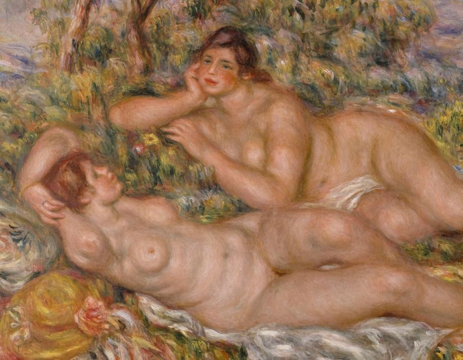 Pierre-Auguste Renoir, Les baigneuses (Ausflug,Bad Im Freien,Bad,Erotik,Fettleibigkeit,Frau,Landschaft,Mädchen,Maler (Künstler),Freizeit,Schwimmen,Sport,Urlaub,Wasser,Impressionismus,Akt,Portrait,Sonnenbad,Französische Kunst,Paar,Leben,Frauenleben,Kopf,Freundin,Ausschnitt,Sinnlichkeit,Vier Ele)