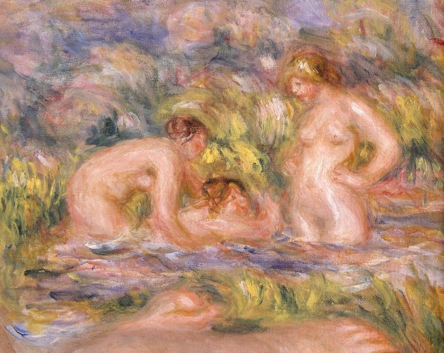 Pierre-Auguste Renoir, Les baigneuses (Ausflug,Bad Im Freien,Bad,Erotik,Fettleibigkeit,Frau,Landschaft,Mädchen,Freizeit,Schwimmen,Sport,Urlaub,Wasser,Impressionismus,Akt,Portrait,Sonnenbad,Französische Kunst,Paar,Leben,Frauenleben,Kopf,Freundin,Ausschnitt,Sinnlichkeit,Vier Elemente)