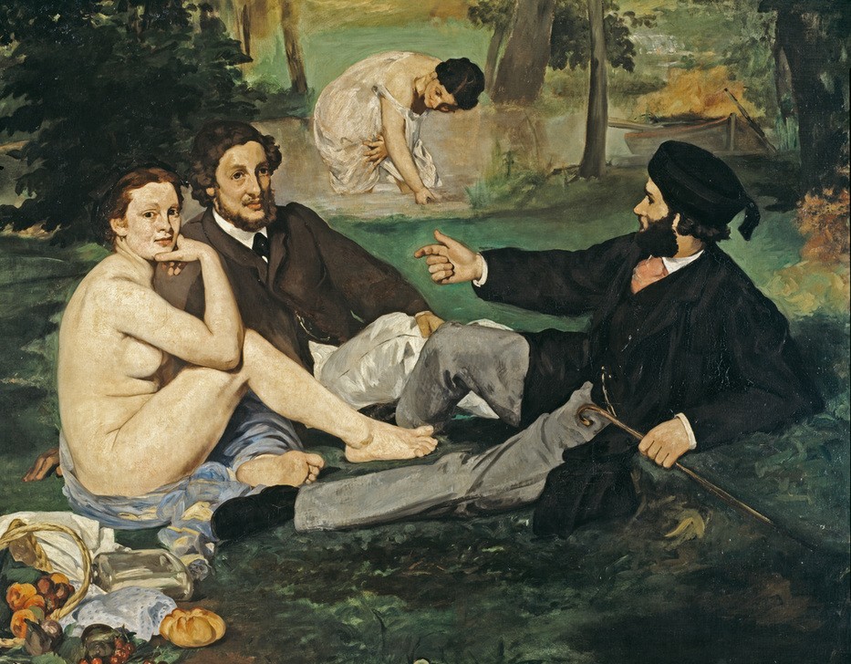 Edouard Manet, Le déjeuner sur l’herbe (Ausflug,Bad Im Freien,Erotik,Freikörperkultur,Frau,Herrenmode,Jugend (Lebensalter),Kunst,Landschaft,Mädchen,Mann,Mode,Picknick,Freizeit,Urlaub,Tageszeiten,Morgen,Student,Akt,Frühstück,Portrait,Reise,Französische Kunst,Im Freien (Allgemein),Nacktheit,Paar,)