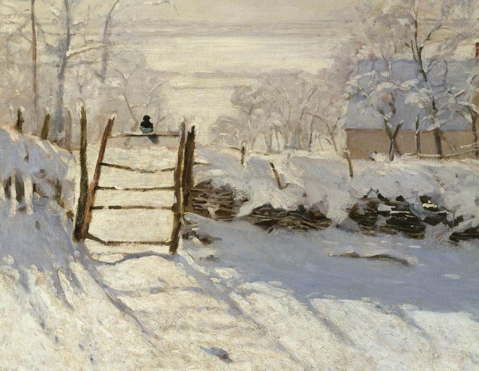 Claude Monet, La pie (Die Elster) (Bauernhaus,Jahreszeiten,Landschaft,Vogel,Wetter,Winter,Zoologie,Elster,Impressionismus,Schnee,Schatten,Zaun,Französische Kunst,Ausschnitt)