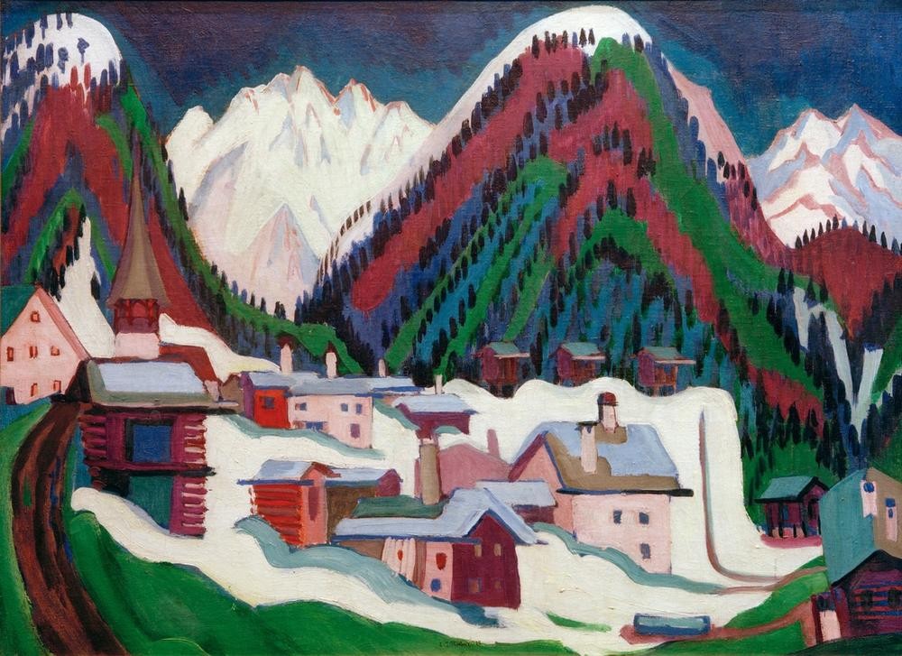 Ernst Ludwig Kirchner, Dorf Monstein bei Davos (Gebirge,Landschaft,Winter,Schnee,Expressionismus,Die Brücke)